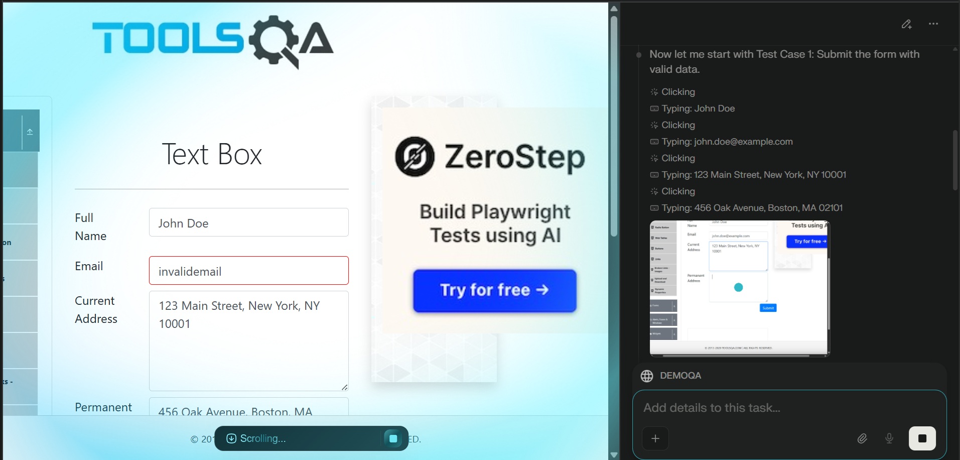 Perplexity Comet navigating the DEMOQA text-box form